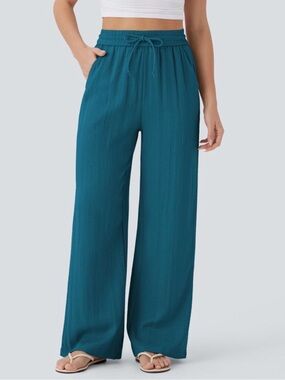 HALARA High Waisted Drawstring Pocket Wide Leg Baggy Casual Linen-Feel Pants
